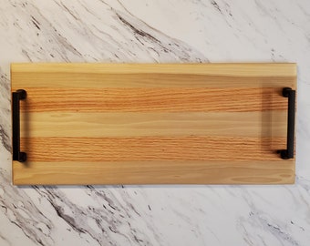 Handcrafted Hardwood Serving Tray | Food Safe Charcuterie Board with Square Metal Handles