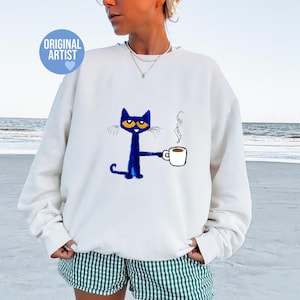 Pete the Cat Coffee Shirt, Graphic Tee for Coffee Lovers, Funny Cartoon Hoodie, Unisex Sweatshirt, Retro Pete Tee, Y2K Baby Tee, 90s Baby Te
