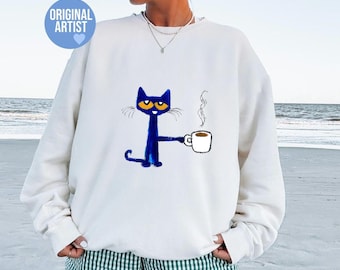 Pete the Cat Coffee Shirt, Graphic Tee for Coffee Lovers, Funny Cartoon Hoodie, Unisex Sweatshirt, Retro Pete Tee, Y2K Baby Tee, 90s Baby Te