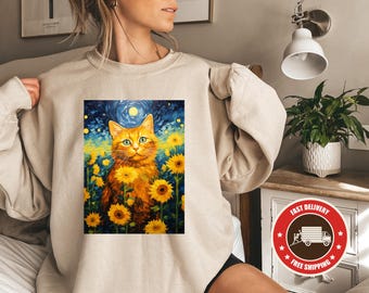 Van Gogh Starry Night Tabby Cat Shirt, Van Gogh Cat Tshirt, Orange cat tee, Sunflower Tee, Funny Cat shirt, Flowers shirt, Tabby Cat Shirts
