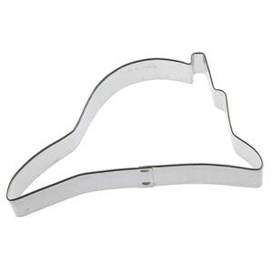 May include: A silver-coloured metal cookie cutter shaped like a hat. The cutter features a curved brim and a tall, angular crown. The metal is smooth and reflects light, creating highlights and shadows.