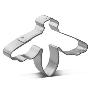 May include: A silver metal cookie cutter shaped like a bird with outstretched wings.