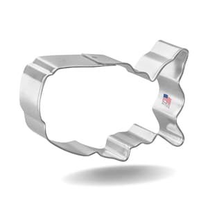 May include: A silver metal cookie cutter shaped like the outline of the United States of America. "Made in the USA" is printed on the cutter.