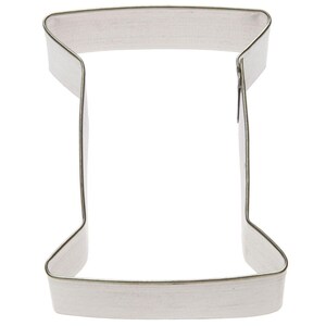May include: A silver metal cookie cutter shaped like a spool of thread.
