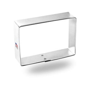 May include: A silver metal rectangle cookie cutter. The cutter is made of a single piece of metal and has a smooth, shiny finish.