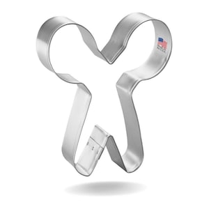 May include: Silver metal cookie cutter shaped like a person with arms raised. The cookie cutter is made in the USA.