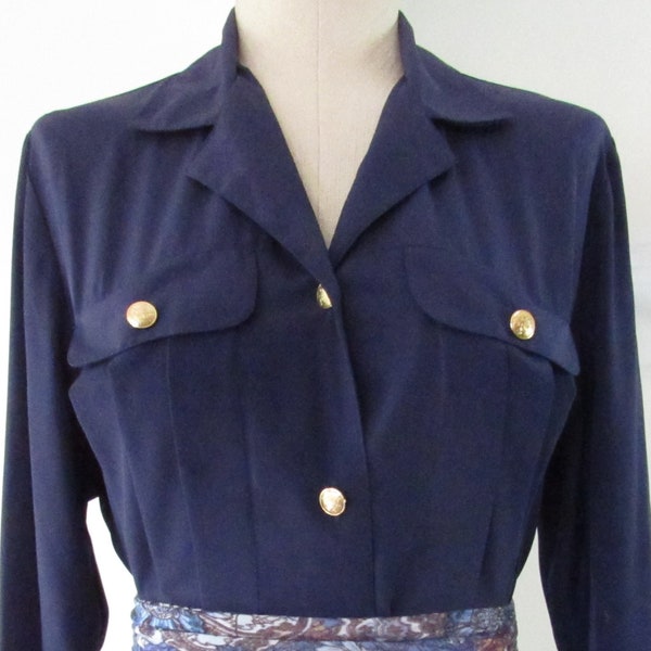 Vintage 1980s Navy Blue silky blouse - Size large