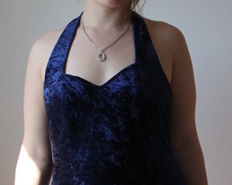 Royal Blue Velvet Halter Dress - 1990s Grunge Girl