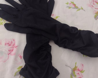 Vintage Black Ruched Evening Gloves. Long size 7