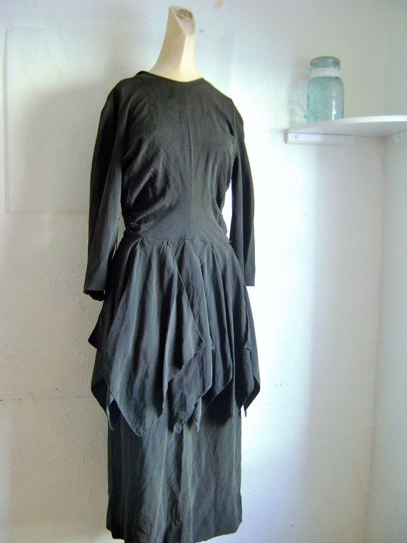 1940s Black silk Fairy Hem Handkerchief hem dress,