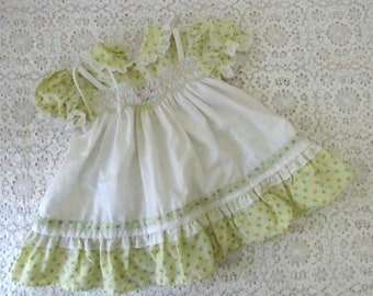 1980s Polly Flinders baby girl dress. Ruffled, smocked, puff sleeved.  18 mo