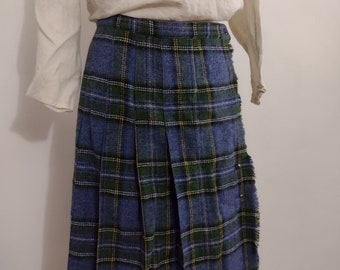 Vintage Wool Tartan Plaid Skirt. Kilt Style Blue Skirt