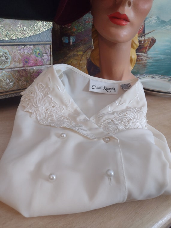 Pearly White Slinky Blouse. Secretary Button Down - image 4