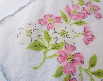 Pretty Ladies Handkerchief-Hankie-Hanky-Floral-WHITE-Pink Dogwood Blossom Easter