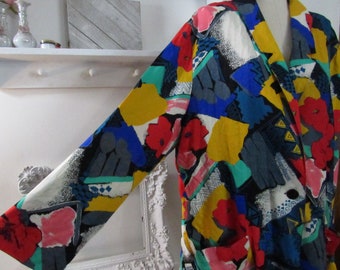 Vintage 1980s ART print (busy colorful abstract) Skirt Suit