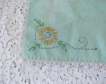 1930s Embroidered Fingertip Tea Towel - Napkin mint Green