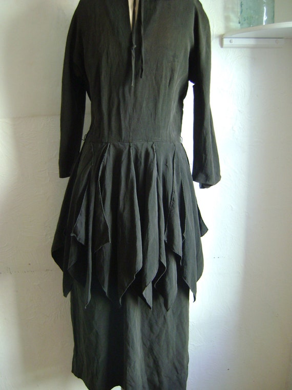 1940s Black Silk Dress: Fairy Hem Vintage Gown (XS-S)