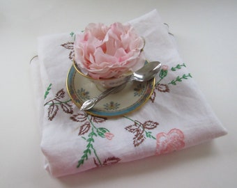 Vintage Hand Embroidered linen tablecloth / pink flowers / card table cover