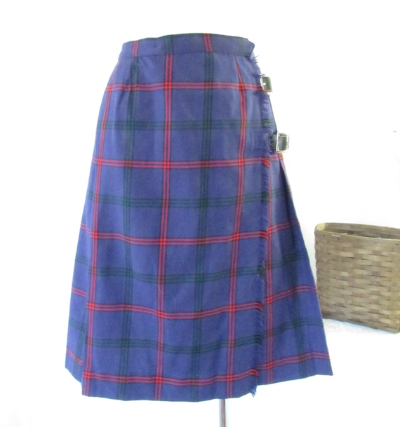 Vintage Wool Tartan Plaid Skirt. Kilt Style Blue S