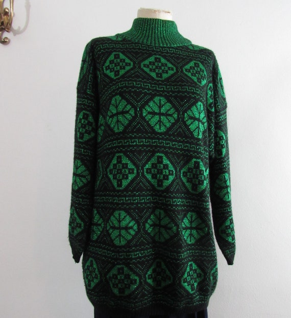 1980s Black and Emerald Green Glitter Sweater