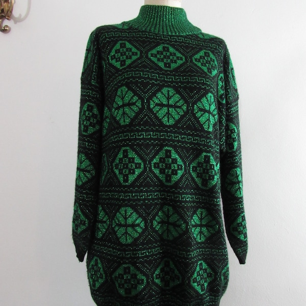 1980s Black and Emerald Green Glitter Sweater