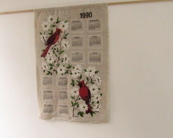 1990 Red Bird, Cardinal Linen Tea Towel Birthyear gift