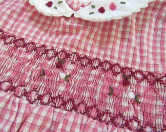 2T Pink Gingham Smocked Dress, 24 month Vintage Summer Dress, Photo Prop