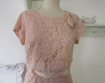 1960s Pale Pink Lace Gown with Satin Sash and belt