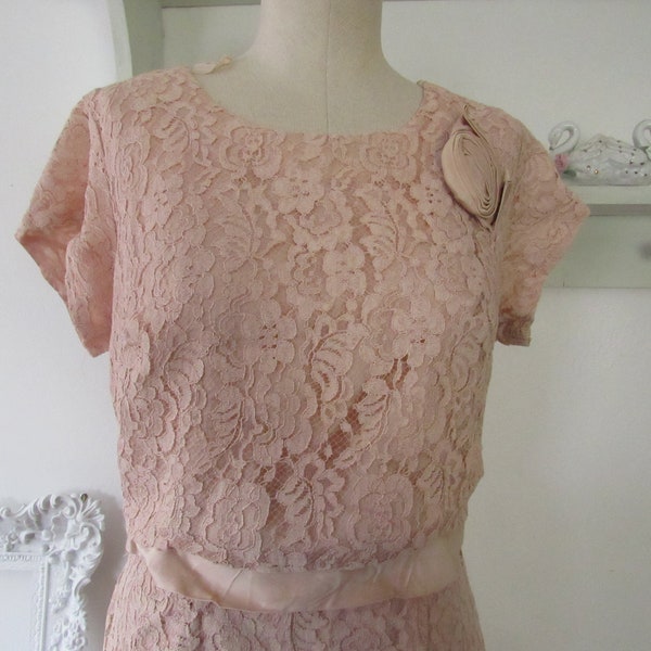 1960s Pale Pink Lace Gown with Satin Sash and belt