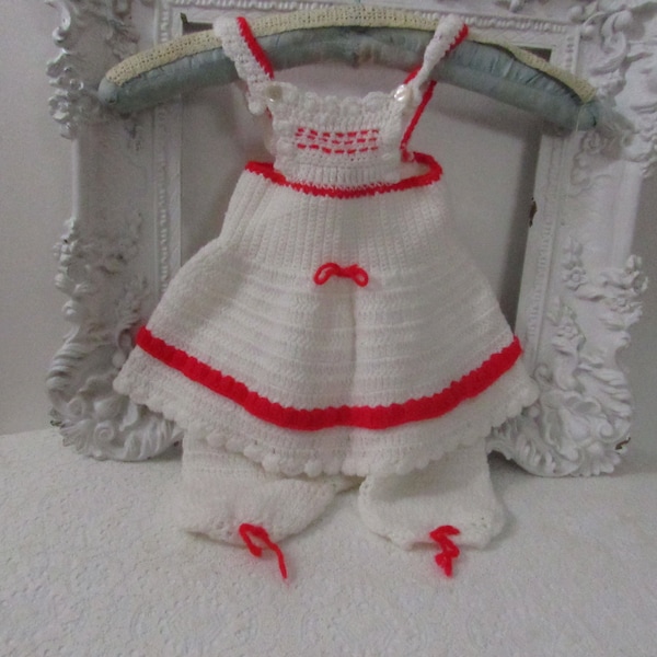 Vintage little crochet baby/doll dress - Red and white pinafore dress and bloomers