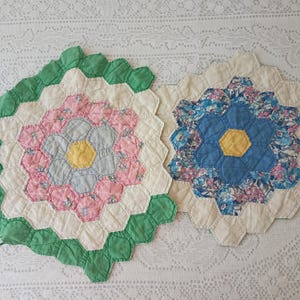 Vintage Quilt scrap pack of two.  Grandmother's flower garden hex quilt piece