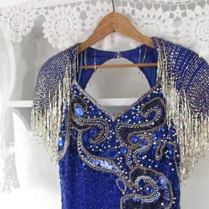 90s Cowgirl Crystal Gown. Blue Azure beaded SNAKE hip Bejeweled dress as-is