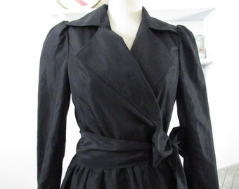 Vintage - Black Satin wrap dress. Raincoat style, overcoat wrap gown - Fashion brand sample