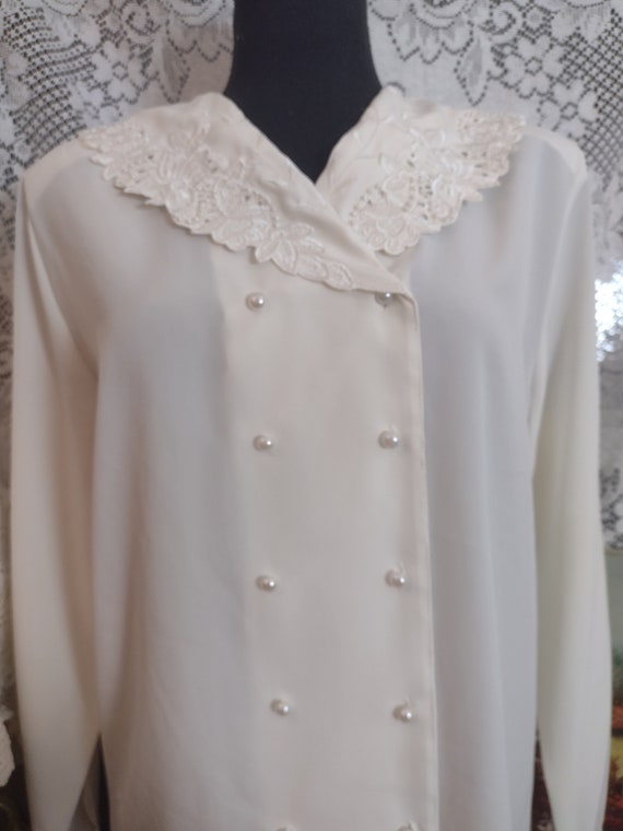 Pearly White Slinky Blouse. Secretary Button Down - image 5