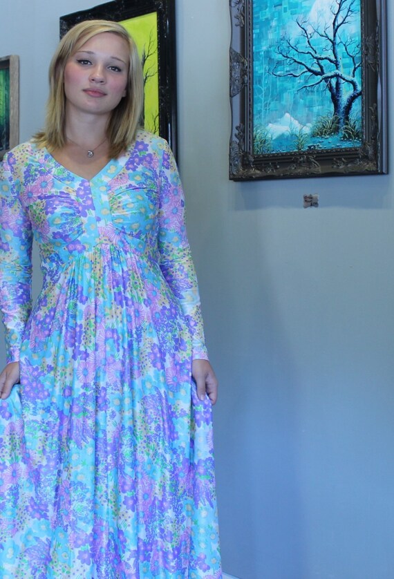 Maxi Dress - Vintage 1970s Floral Pastel Full Len… - image 3