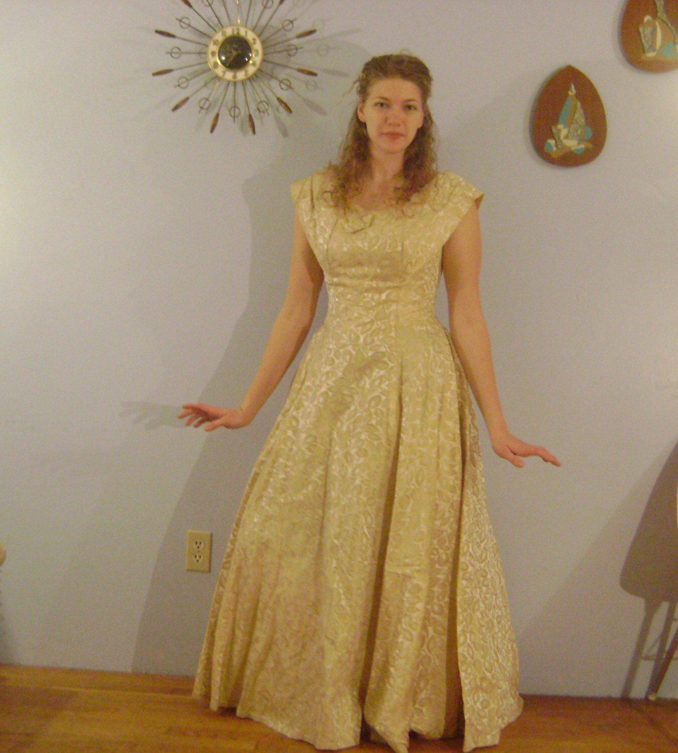 1950s Opera Gown Gold Brocade Floor 