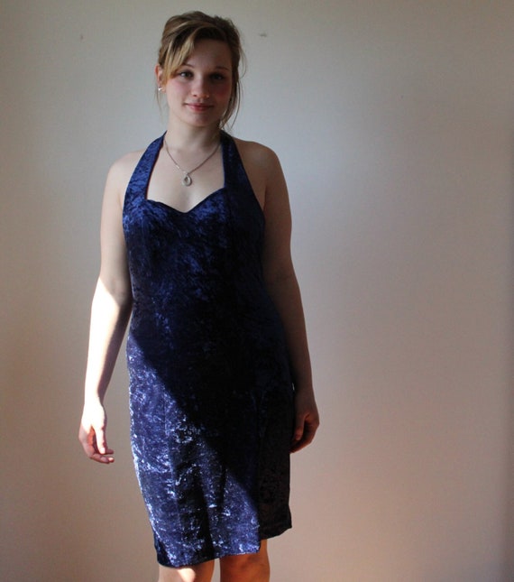 Royal Blue Velvet Halter Dress - 1990s Grunge Girl