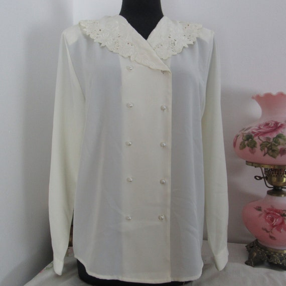 Pearly White Slinky Blouse. Secretary Button Down - image 2