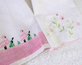 Vintage hand towels. Mix-matched pair of pink theme vintage guest bath decorative towels