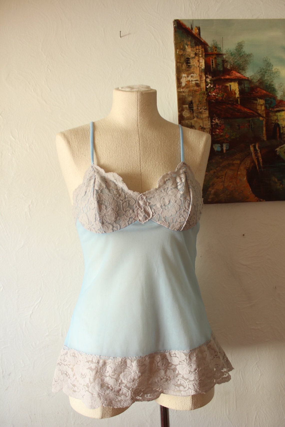Vintage Pale Blue and Lace Camisole. Chiffon Sheer Cami | Etsy