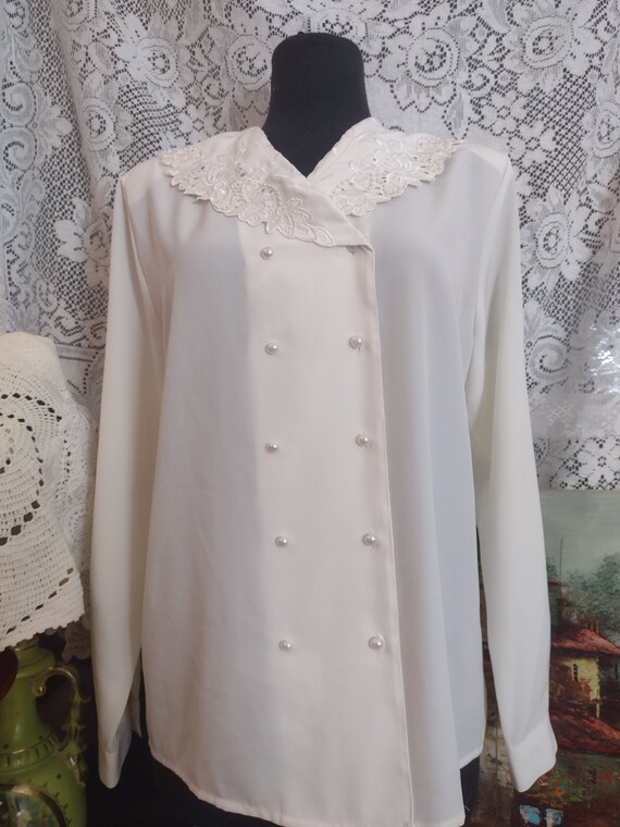 Pearly White Slinky Blouse. Secretary Button Down - image 7