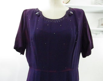 1940s Dark Purple Dress - Crystal studded with bows