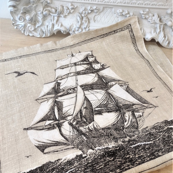 1967 Linen tea towel. Nautical ship boat pure linen itchen towel