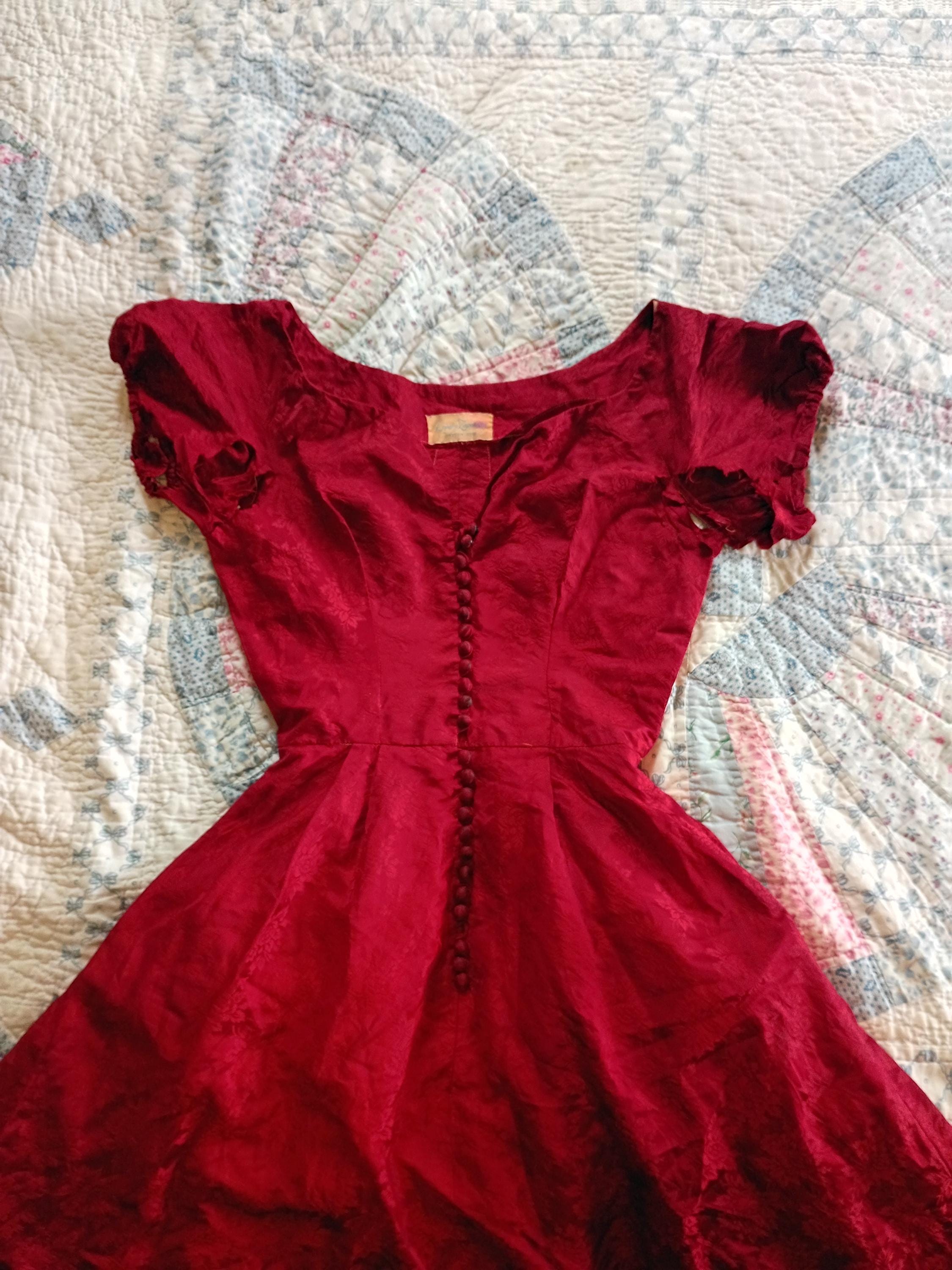 1940s Vintage "wounded bird" dark red Bell skirt mini dress.