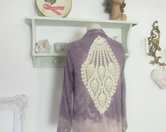 Upcycled Calico Button-Down Shirt, Crochet Doily Back, Bleached Violet