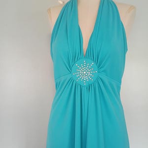Vintage 1970s Gorgeous aqua blue halter dress. sleeveless. Size medium