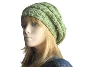 Knit Slouchy Beanie, Green Hand Knit Hat, Green Hat, Beehive Beret, Vegan Hat, Knitted Hat, Green Knit Beret, Winter Hat