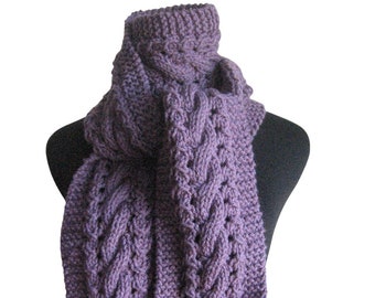 Hand Knit Scarf, Mauve Cable and Lace Vegan Scarf, The Stef Scarf, Winter Scarf, Womens Accessories, Purple Scarf, Fall Fashion Scarf