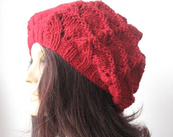 Hand Knit Hat Red Lace Slouchy Hat Gifts For Her The Beverly Hat Vegan Knit, Valentine Gift Women Accessories Vegan Hat Red Slouchy Hat