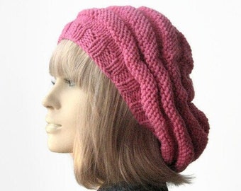 Knit Slouchy Beanie, Pink Hand Knit Hat, Beehive Beret, Pink Hat, Gifts For Her, Vegan Hat, Valentine's Day, Pink Knit Beret, Winter Hat
